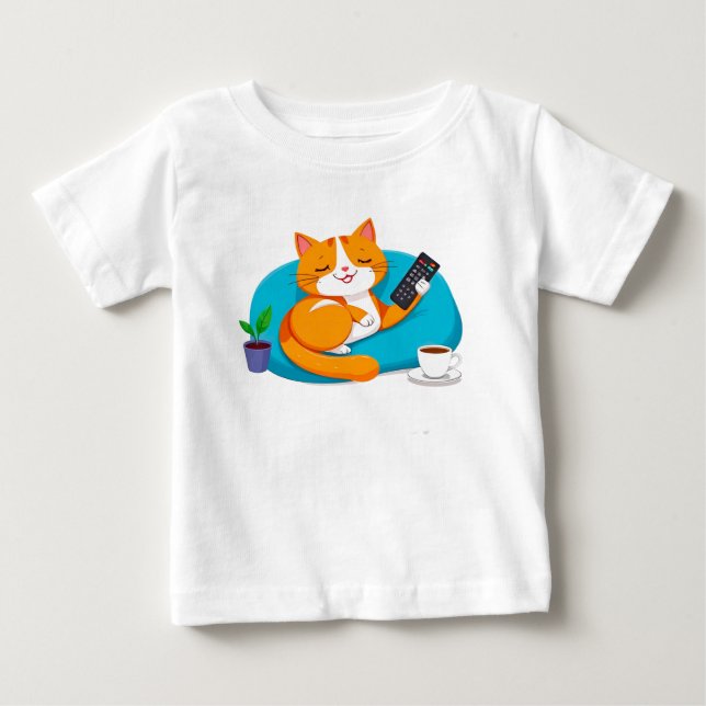 Avslappnad Tecknad Katt Med Fjärrkontroll T Shirt (Framsida)