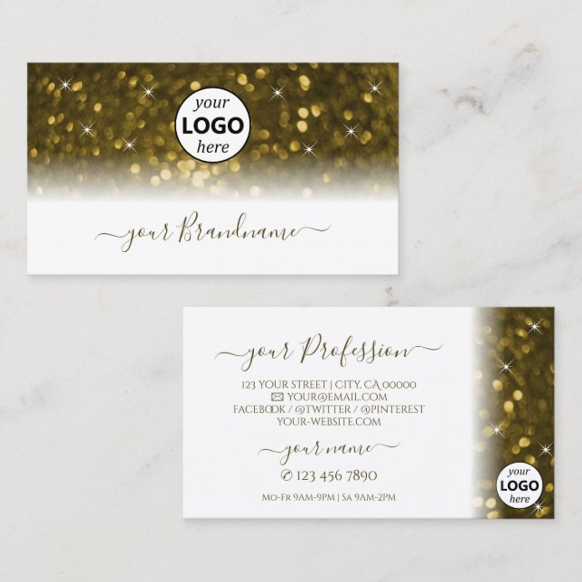 Avslappnad White Guld Sparkling Glitter Stars Add  Visitkort (Fram/baksida)