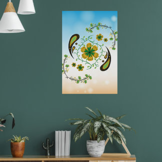 Avslappnande Grön Gul Blommig Poster