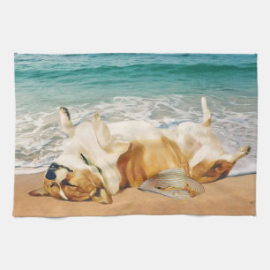 Avslappnande walesisk Corgi på stranden Kökshandduk
