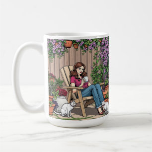 Avslappningsdag Kvinnor med kaffe, katter och vä Kaffemugg