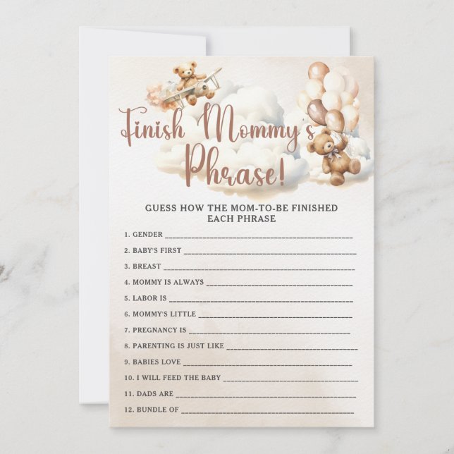 AVSLUTA MAMMA PHRASE Baby Shower Game Cute Bear Inbjudningar (Framsida)