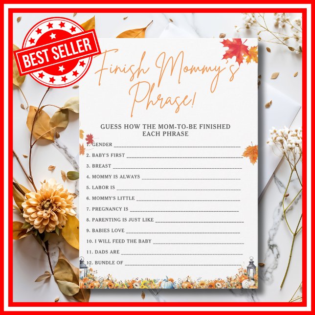 AVSLUTA MAMMA PHRASE Baby Shower Game PUMPKIN Inbjudningar (FINISH MOMMY'S PHRASE Easy Baby Shower Game A Little Pumpkin is on the Way Fall Autumn Theme)