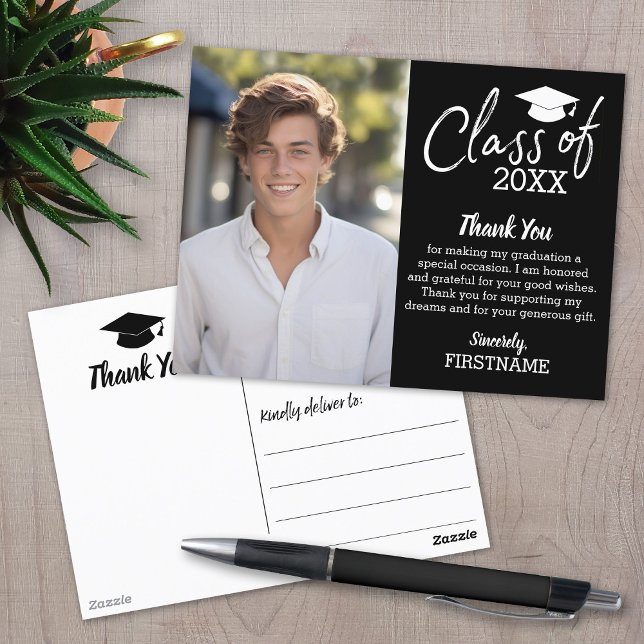 Avslutnings-Tack med Foto - Svart Vykort (Graduation Thank You Postcard)