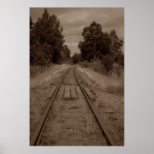 Avstående Empty Railroad Tåg Tracks Sepia Photo Poster