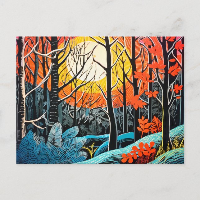 Avverkning i en avverkande vinter i Linocut-skogen Helg Vykort (Framsida)