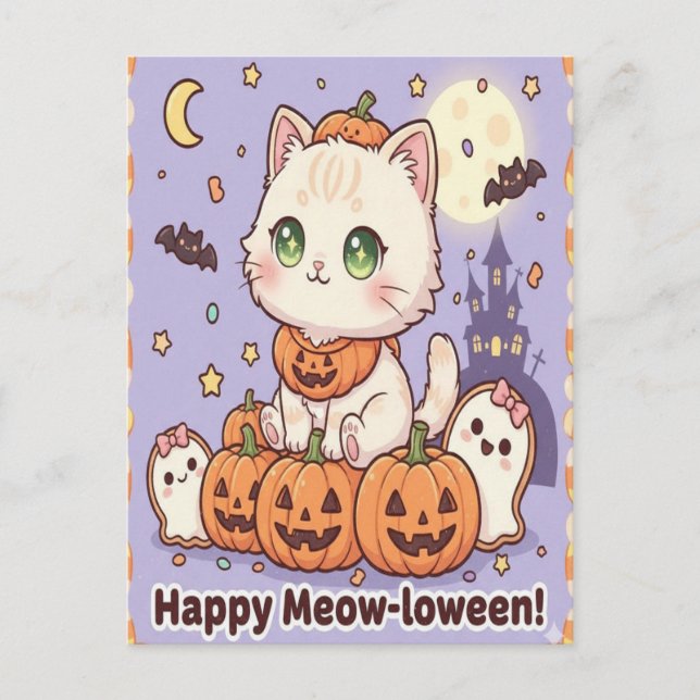 awaii Cat in Pumpkin Costume Halloween Card Vykort (Framsida)