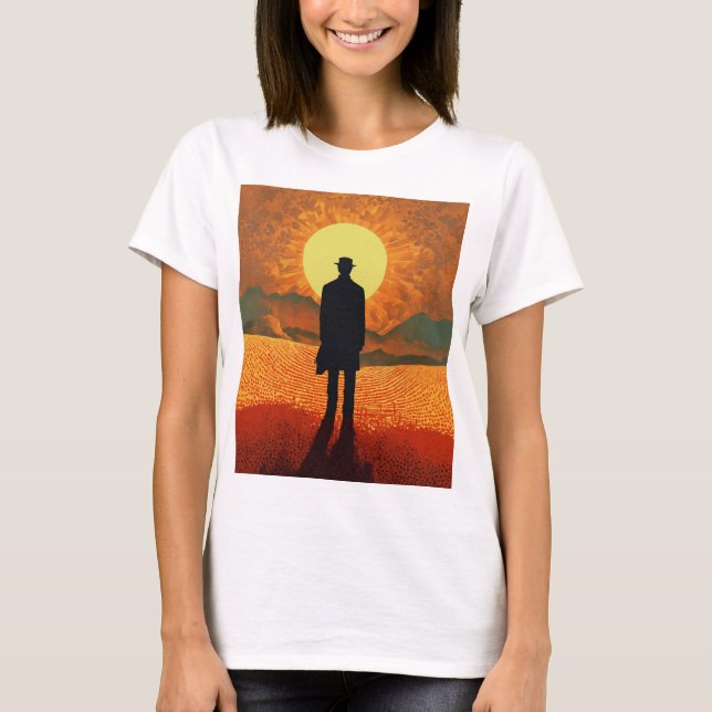 "Awakening Dawn: A Man's Gaze at the Sunrise" T Shirt (Framsida)