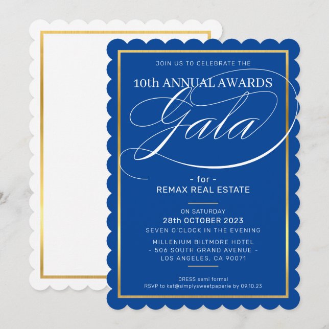 AWARDS GALA DINNER royal blue guld Inbjudningar (Fram/baksida)