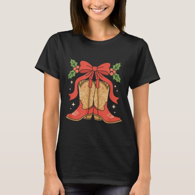 Awareness Cowboy Boots Christmas Breast Cancer Sup T Shirt (Framsida)