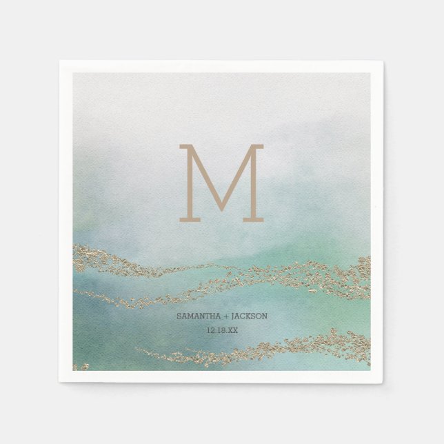 Awash Elegant Watercolor i Ocean Bröllop Monogram Pappersservett (Framsidan)