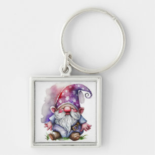 AWatercolor Gnome i Lila Tones Fyrkantig Silverfärgad Nyckelring