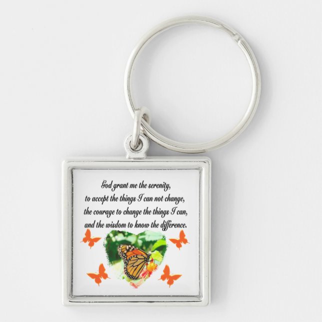 AWE INSPIRING BUTTERFLY SERENITY PRAYER PHOTO FYRKANTIG SILVERFÄRGAD NYCKELRING (Framsidan)