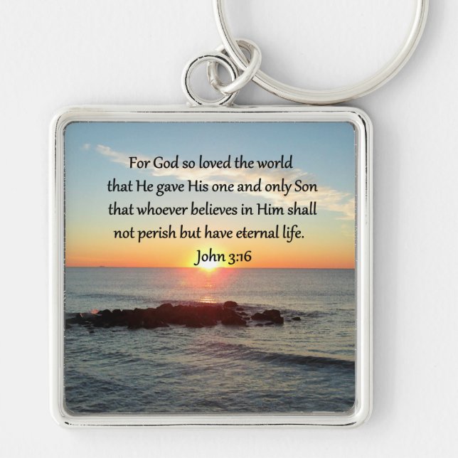 AWE-INSPIRING JOHN 3:16 SUNRISE FYRKANTIG SILVERFÄRGAD NYCKELRING (Framsidan)