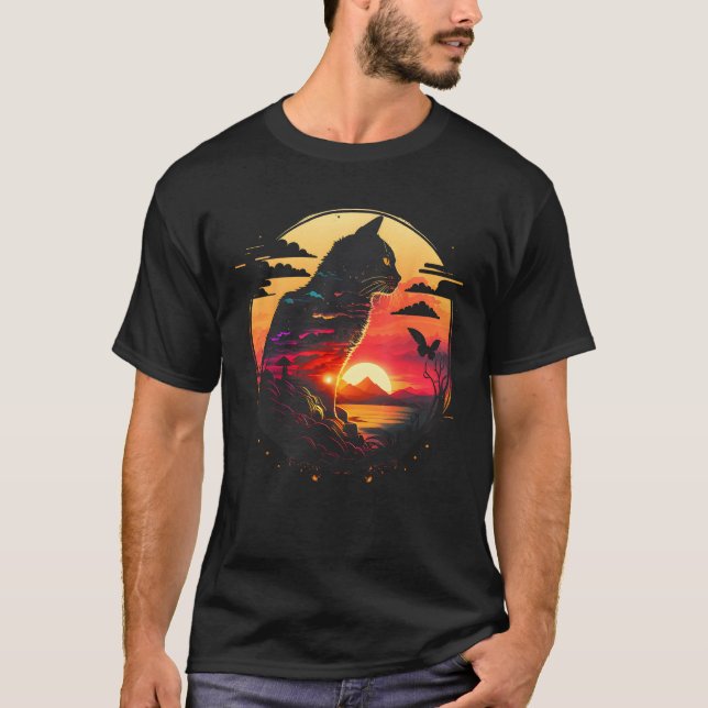 Awesome Cat Sunset Retro Aesthetic Cat  Graphic T Shirt (Framsida)