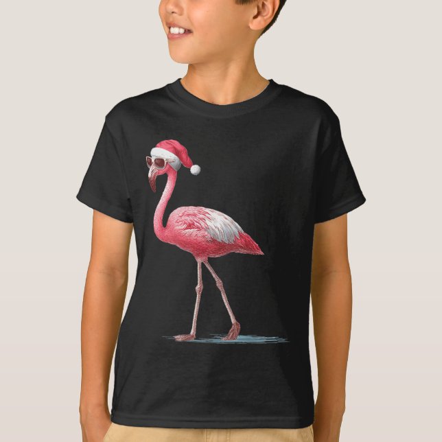 Awesome Cool Flamingo With Christmas Hat And Sungl T Shirt (Framsida)