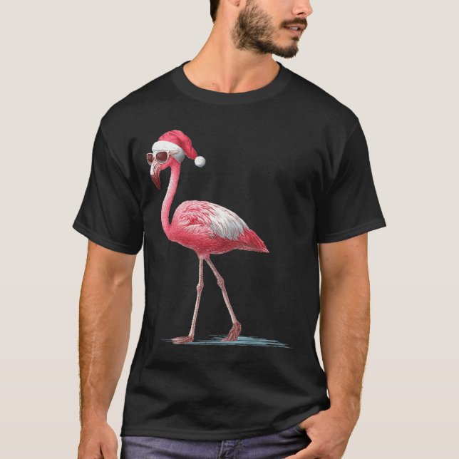Awesome Cool Flamingo With Christmas Hat And Sungl T Shirt (Framsida)