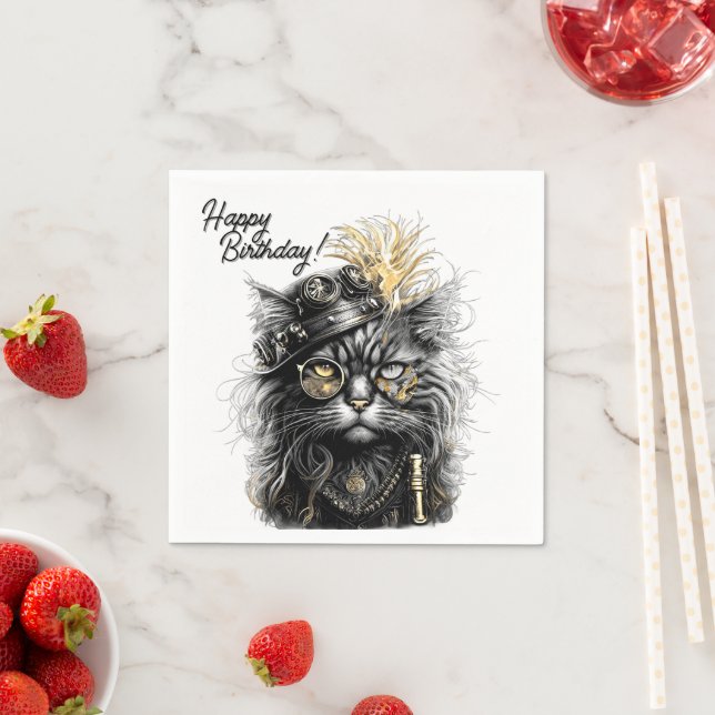 Awesome Steampunk Cat Birthday  Pappersservett (Insitu)