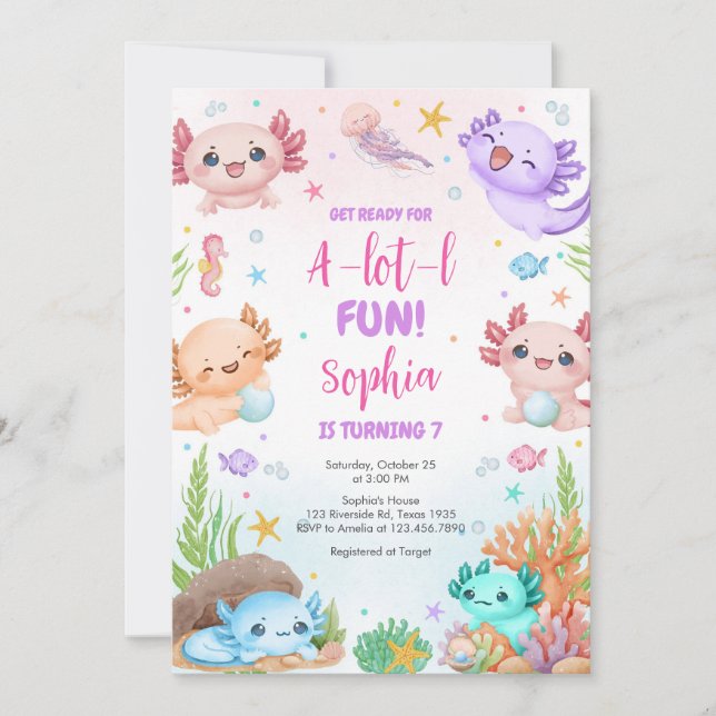 Axolotl Alotl Fun Birthday Party Invitation Inbjudningar (Framsida)