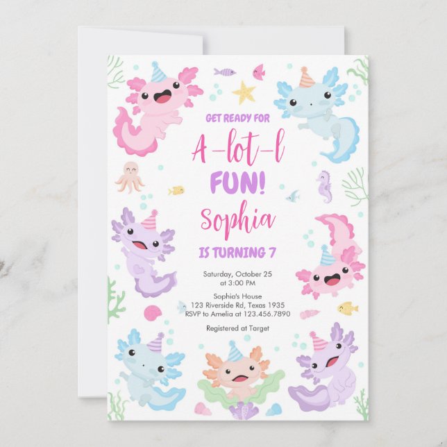 Axolotl Alotl Fun Birthday Party Invitation Inbjudningar (Framsida)