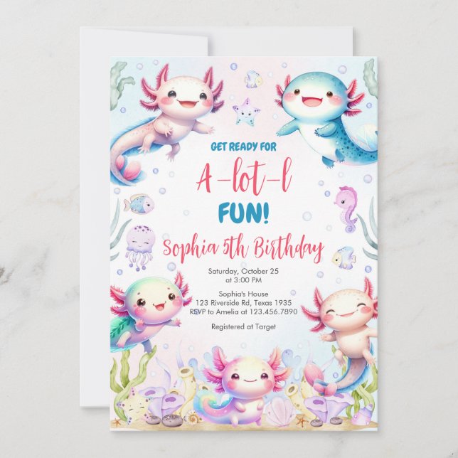 Axolotl Alotl Fun Birthday Party Invitation Inbjudningar (Framsida)