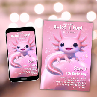 Axolotl Birthday Bjud Flickans Rosa Axolotl Part Inbjudningar