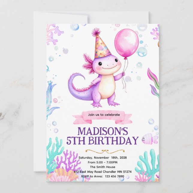 Axolotl Birthday party invitation Inbjudningar (Framsida)