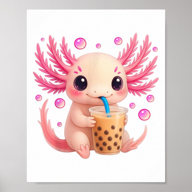 Axolotl Bubble Boba Tea Anime Cute Kawaii Tonåring Poster (Framsidan)
