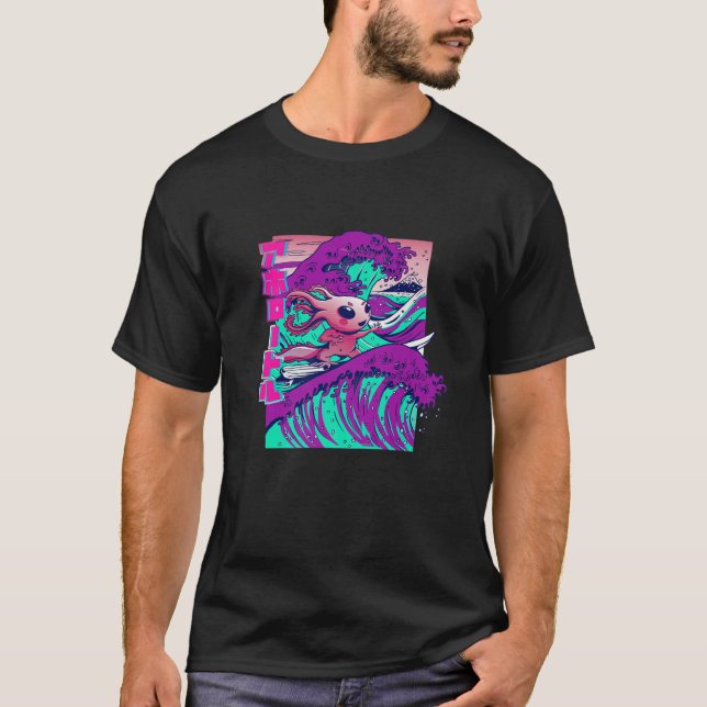 Axolotl, Cute Funny Surfing Axolotl, Kanji Vågar T Shirt (Framsida)