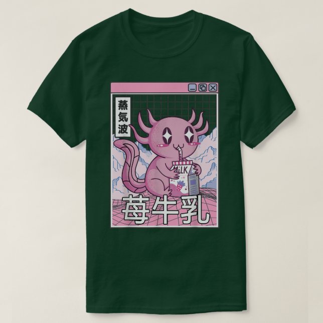 Axolotl Drinking Strawberry Mjölk Japan Otaku Anim T Shirt (Design framsida)