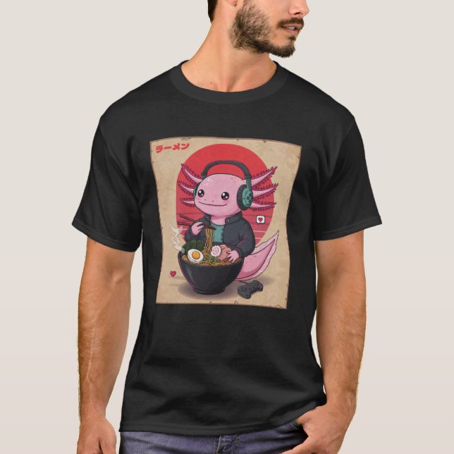 Axolotl Eating Japanese Ramen Gamer Noodles Kawaii T Shirt (Framsida)