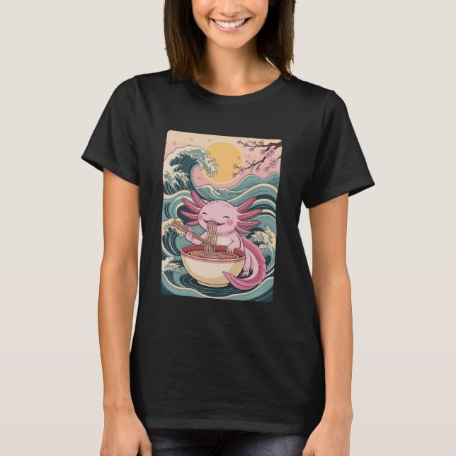 Axolotl Eating Noodles Cute Kawaii Japanese Ramen  T Shirt (Framsida)
