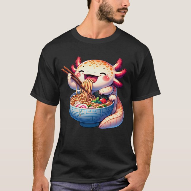 Axolotl Eating Ramen Anime Kawaii Japansk mat T Shirt (Framsida)
