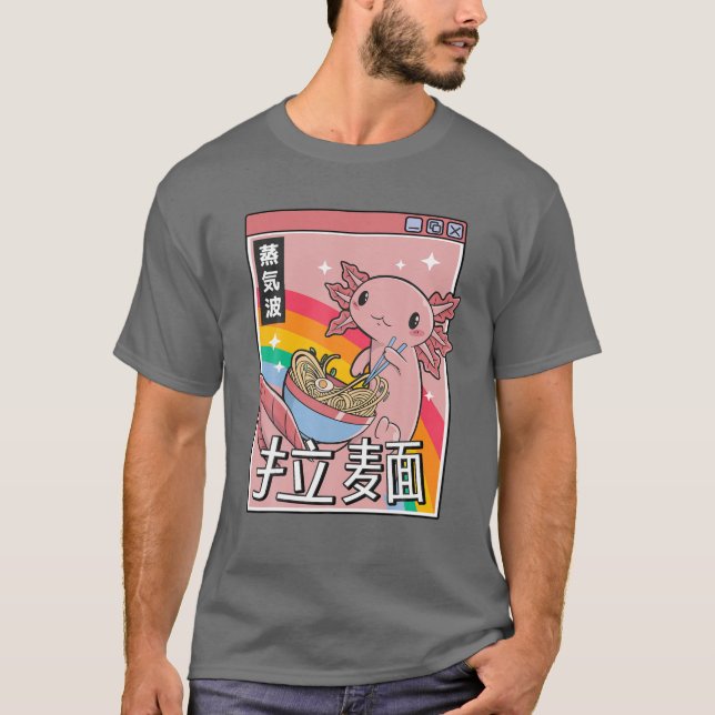 Axolotl Eating Ramen Japan Stil 80S Otaku Vaporwa T Shirt (Framsida)