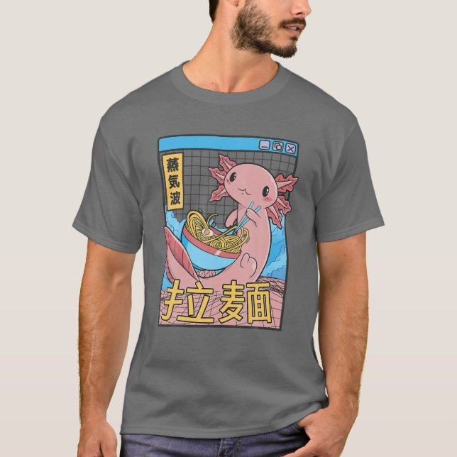 Axolotl Eating Ramen Japan Stil 80S Otaku Vaporwa T Shirt (Framsida)