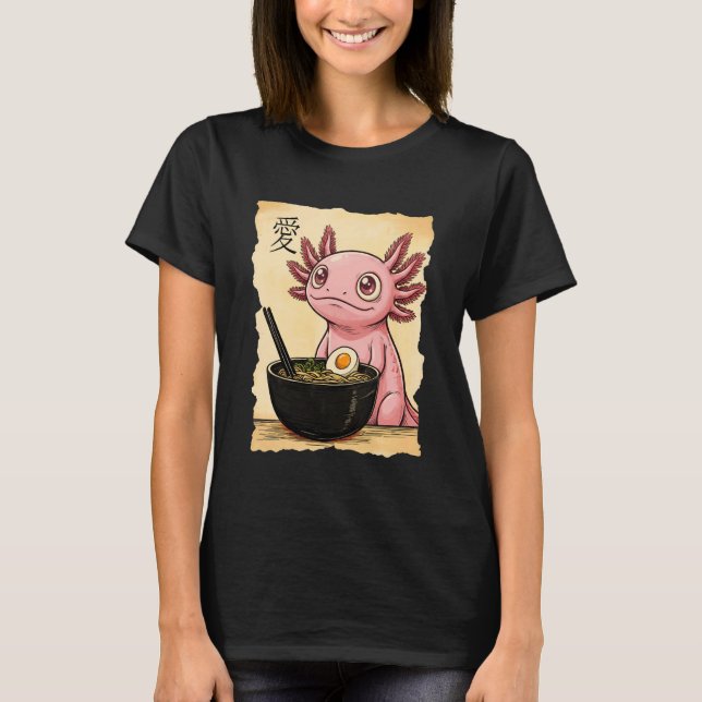 Axolotl Eating Ramen Noodles Kawaii Anime Aestheti T Shirt (Framsida)