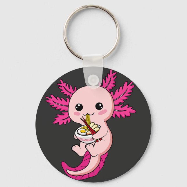 Axolotl Eating Ramen Noodles Kawaii Anime Button Nyckelring (Framsida)