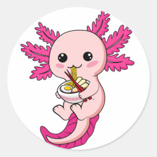 Axolotl Eating Ramen Noodles Kawaii Anime Classic Runt Klistermärke