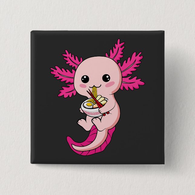Axolotl Eating Ramen Noodles Kawaii Anime Square Knapp (Framsida)