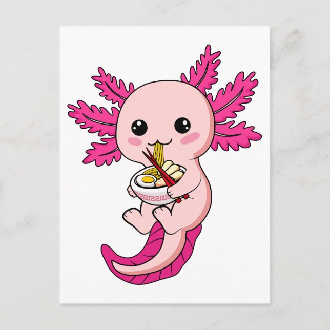 Axolotl Eating Ramen Noodles Kawaii Anime Vykort (Framsida)