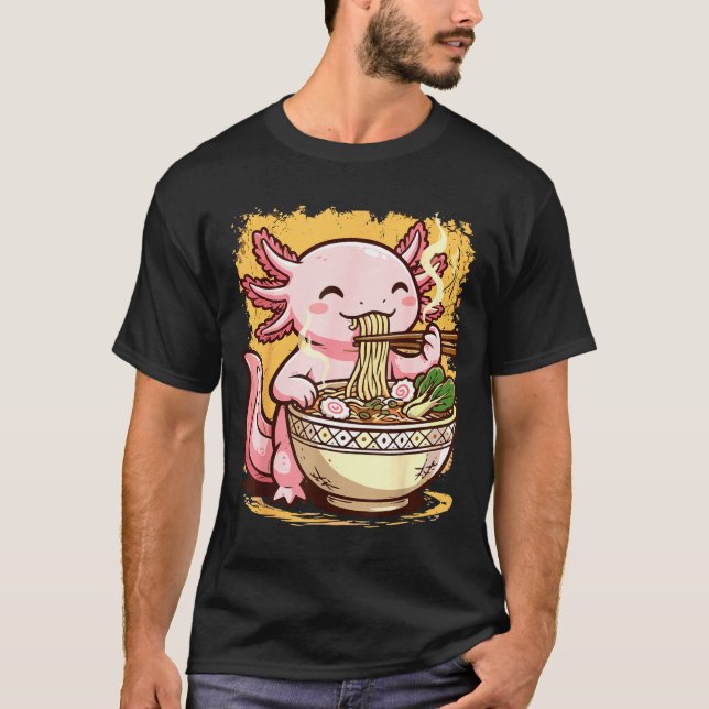Axolotl Eating Ramen Noodles  T Shirt (Framsida)