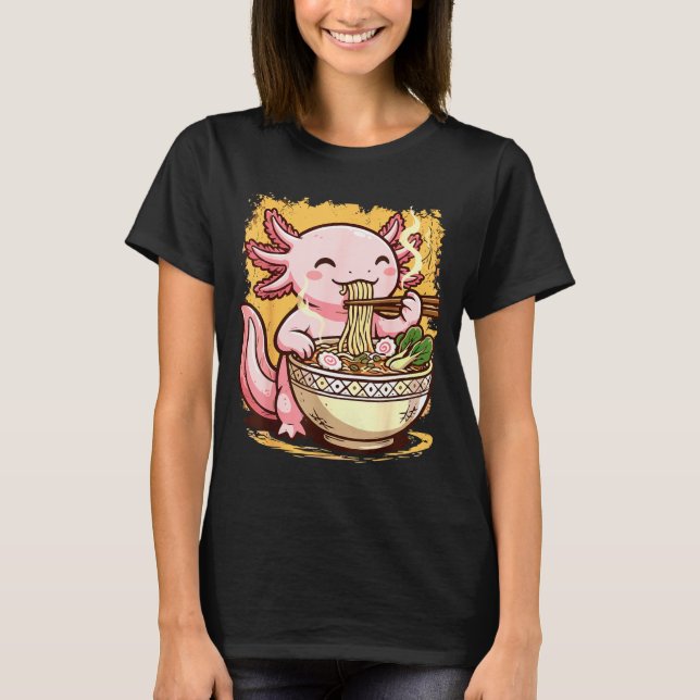 Axolotl Eating Ramen Noodles  T Shirt (Framsida)