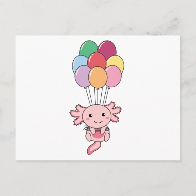 Axolotl flyger upp med färgstarka ballonger vykort (Framsida)