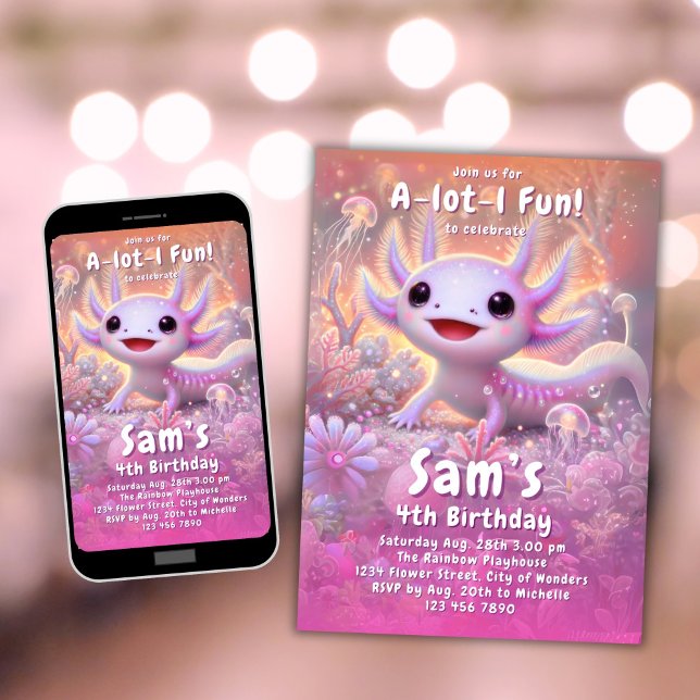 Axolotl födelsedagsinbjudan Flickor Rosa Axolotl Inbjudningar (Skapare uppladdad)