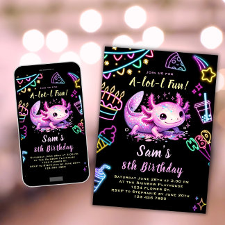 Axolotl födelsedagsinbjudan Neon Axolotl Party Inbjudningar