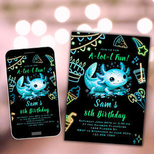 Axolotl födelsedagsinbjudan Neon Boy Axolotl Party Inbjudningar