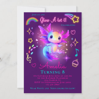 Axolotl födelsedagsinbjudan Neon Glow Axolotl Inbjudningar