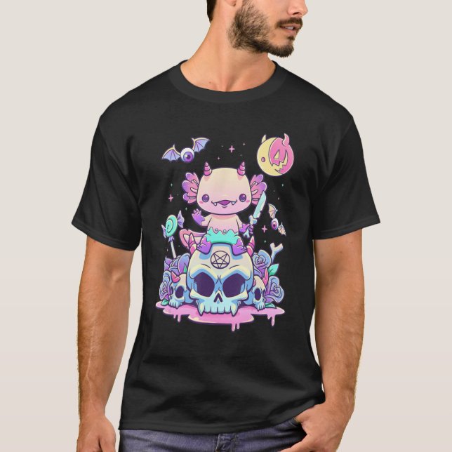Axolotl Halloween Skull Creepy Axolotl Pastel Goth T Shirt (Framsida)