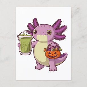 Axolotl Holding Halloween Basket och Matcha Inbjudan Vykort