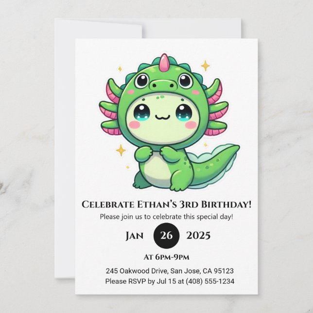 Axolotl i Dragon Hat Birthday Inbjudningar (Framsida)